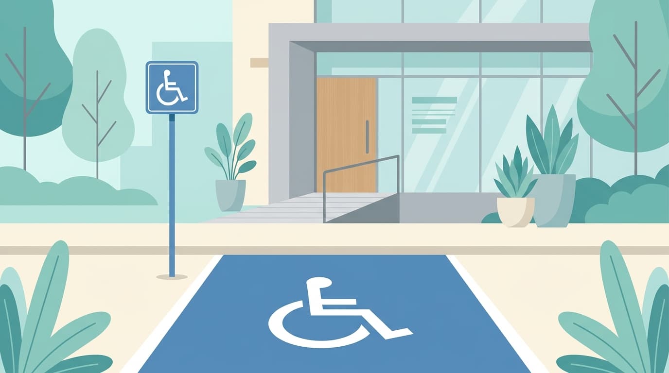 Accessible parking space with the International Symbol of Access outside a clinic entrance